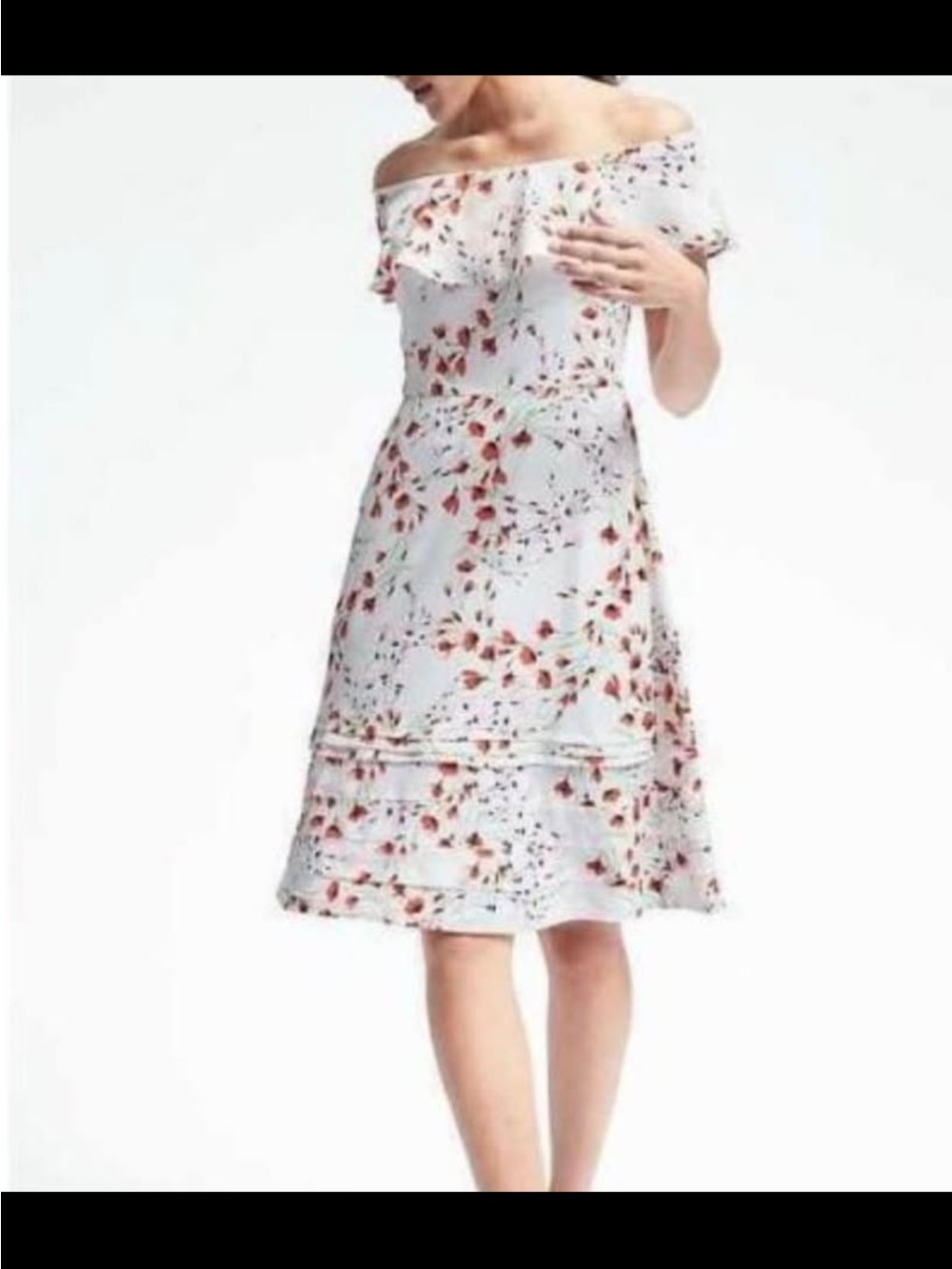 Banana Republic White Off-Shoulder Midi Dress with Red Floral Print